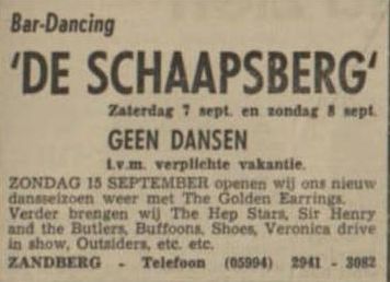 Golden Earrings show announcement September 15 1968 Zandberg - Bar Dancing de Schaapsberg